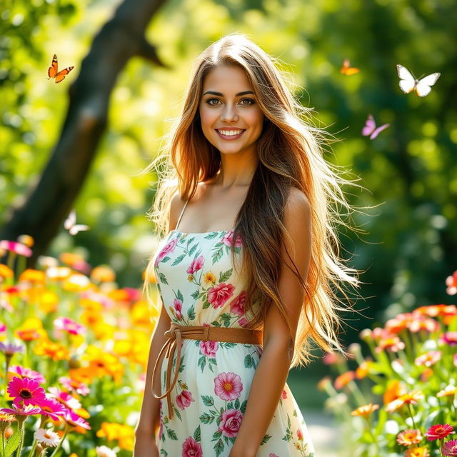 A beautiful young woman with long flowing hair, wearing a stylish summer dress, standing in a sunlit garden filled with colorful flowers