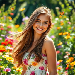 A beautiful young woman with long flowing hair, wearing a stylish summer dress, standing in a sunlit garden filled with colorful flowers