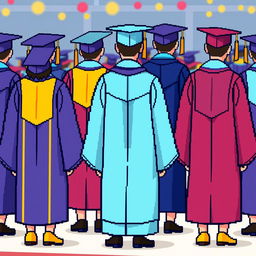 Graduation robes depicted in 3/4 view pixel art style, showcasing various styles and colors of traditional academic gowns