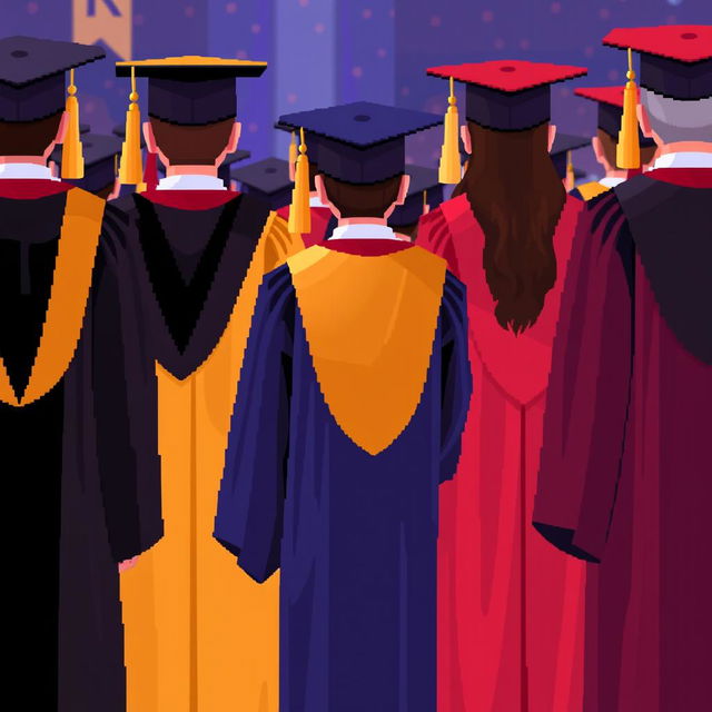 Graduation robes depicted in 3/4 view pixel art style, showcasing various styles and colors of traditional academic gowns