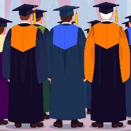 Graduation robes depicted in 3/4 view pixel art style, showcasing various styles and colors of traditional academic gowns