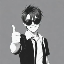 A cool anime boy with sunglasses giving a thumbs-up gesture, set against a black and white background.