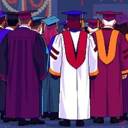 Graduation robes depicted in 3/4 view pixel art style, showcasing various styles and colors of traditional academic gowns