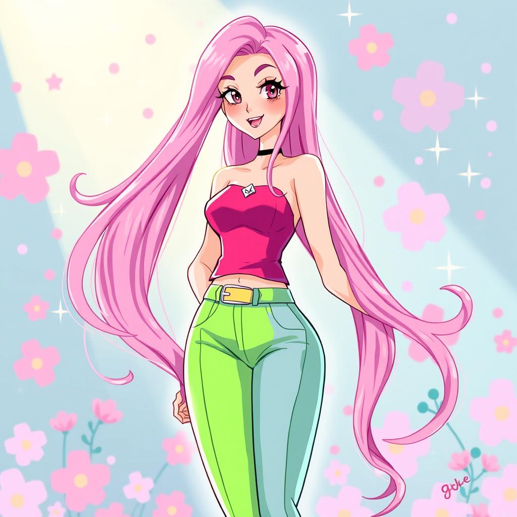 A vibrant character with long, flowing pink hair cascading down her shoulders, wearing a stylish, fashionable outfit that accentuates her figure