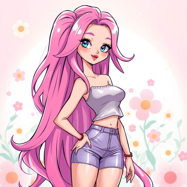 A vibrant character with long, flowing pink hair cascading down her shoulders, wearing a stylish, fashionable outfit that accentuates her figure