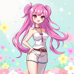 A vibrant character with long, flowing pink hair cascading down her shoulders, wearing a stylish, fashionable outfit that accentuates her figure