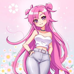 A vibrant character with long, flowing pink hair cascading down her shoulders, wearing a stylish, fashionable outfit that accentuates her figure