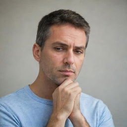 A contemplative man positioning his hand under his chin, displaying a thoughtful expression.