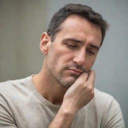 A contemplative man positioning his hand under his chin, displaying a thoughtful expression.