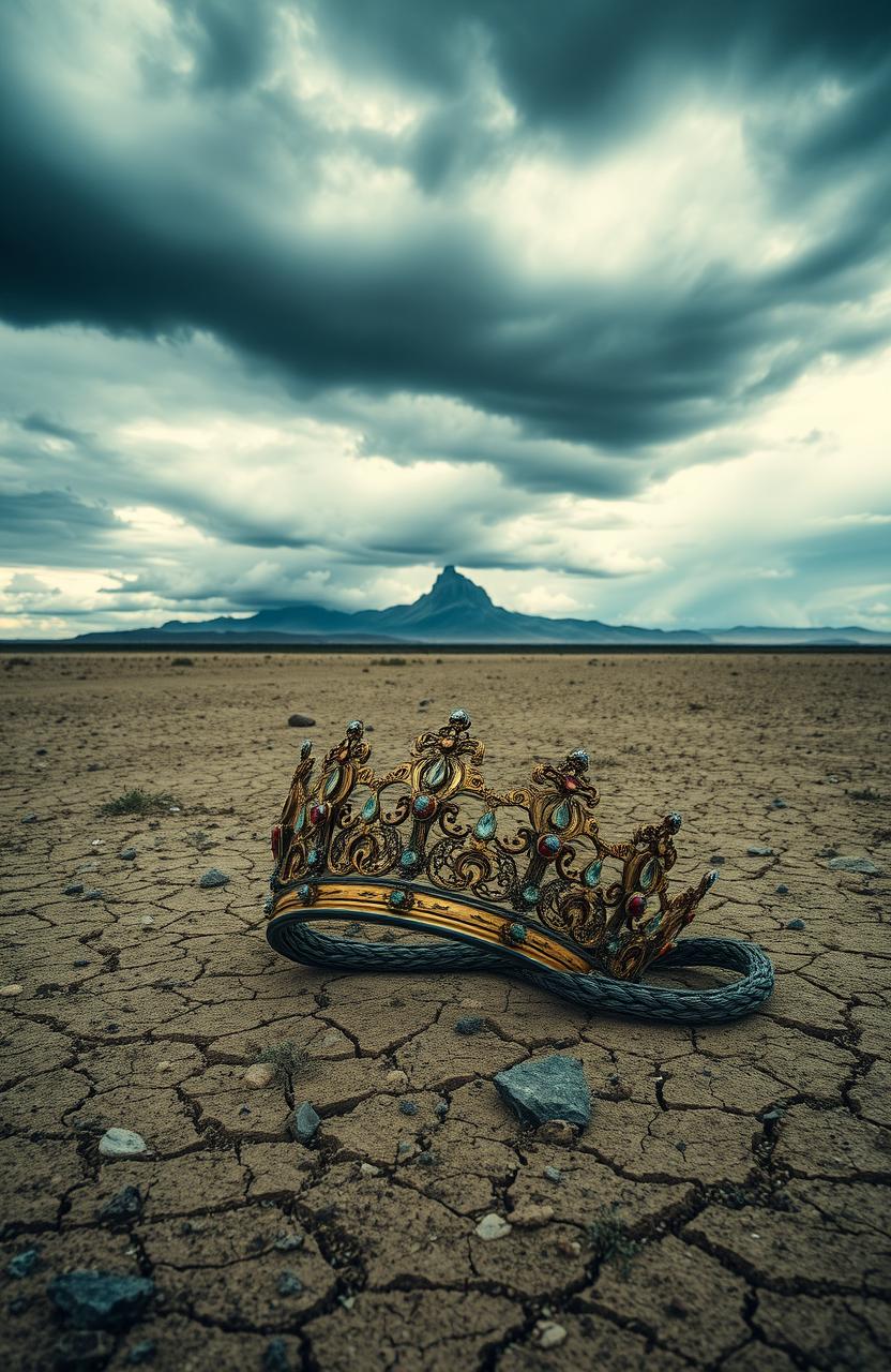 A mysterious crown, intricately designed with ornate jewels and gold, lies abandoned in a vast desolate wasteland with a barren landscape