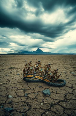 A mysterious crown, intricately designed with ornate jewels and gold, lies abandoned in a vast desolate wasteland with a barren landscape