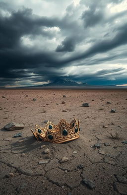 A mysterious crown, intricately designed with ornate jewels and gold, lies abandoned in a vast desolate wasteland with a barren landscape