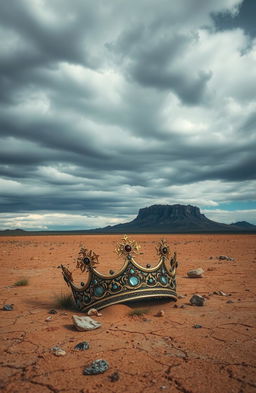 A mysterious crown, intricately designed with ornate jewels and gold, lies abandoned in a vast desolate wasteland with a barren landscape