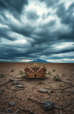 A mysterious crown, intricately designed with ornate jewels and gold, lies abandoned in a vast desolate wasteland with a barren landscape