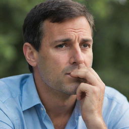 A contemplative man positioning his hand under his chin, displaying a thoughtful expression.