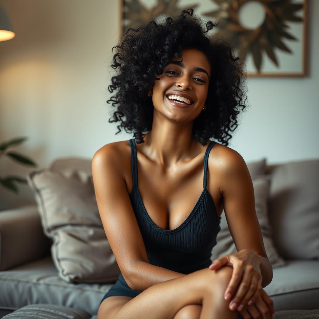 A slim woman with black curly hair, sitting in a comfortable room with soft lighting, expressing self-love and confidence