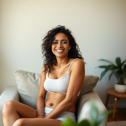 A slim woman with black curly hair, sitting in a comfortable room with soft lighting, expressing self-love and confidence