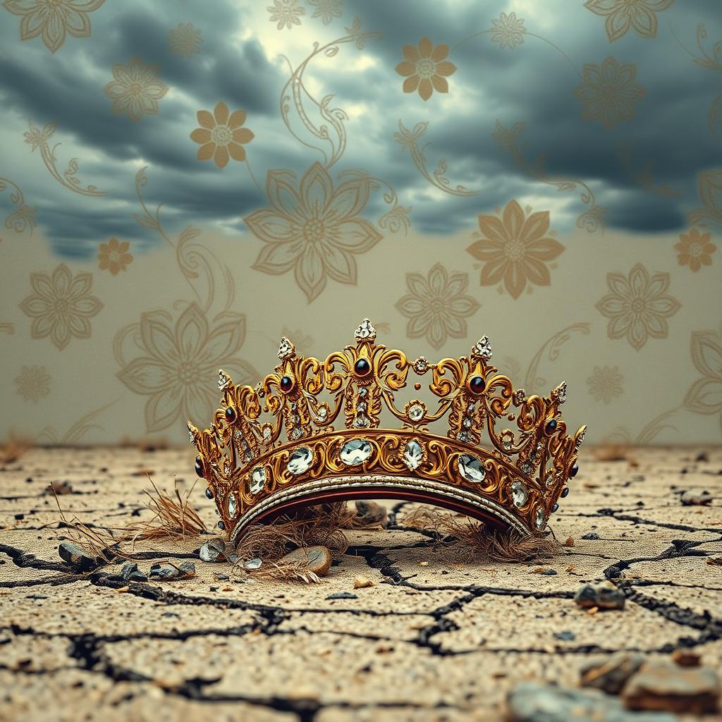 A beautifully ornate crown, adorned with sparkling jewels and intricate gold filigree, lies discarded on a barren expanse of desolate land