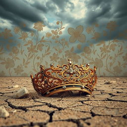 A beautifully ornate crown, adorned with sparkling jewels and intricate gold filigree, lies discarded on a barren expanse of desolate land