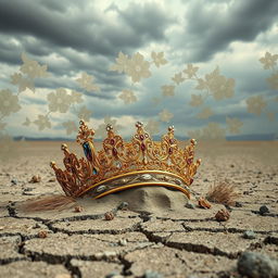 A beautifully ornate crown, adorned with sparkling jewels and intricate gold filigree, lies discarded on a barren expanse of desolate land