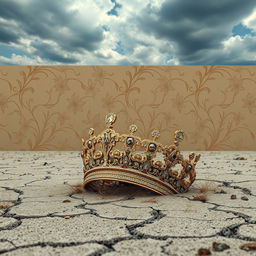 A beautifully ornate crown, adorned with sparkling jewels and intricate gold filigree, lies discarded on a barren expanse of desolate land