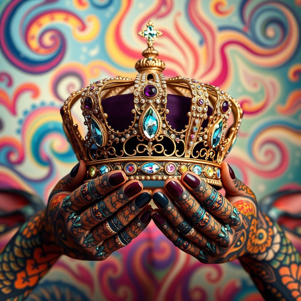 An elaborately crafted crown, embellished with sparkling gems and intricate designs, rests atop a surreal backdrop that features the hands of a different, fantastical creature