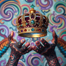 An elaborately crafted crown, embellished with sparkling gems and intricate designs, rests atop a surreal backdrop that features the hands of a different, fantastical creature