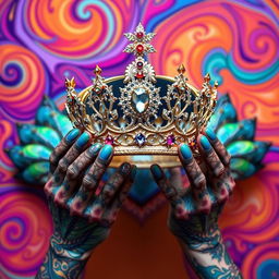 An elaborately crafted crown, embellished with sparkling gems and intricate designs, rests atop a surreal backdrop that features the hands of a different, fantastical creature