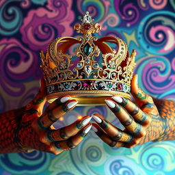 An elaborately crafted crown, embellished with sparkling gems and intricate designs, rests atop a surreal backdrop that features the hands of a different, fantastical creature