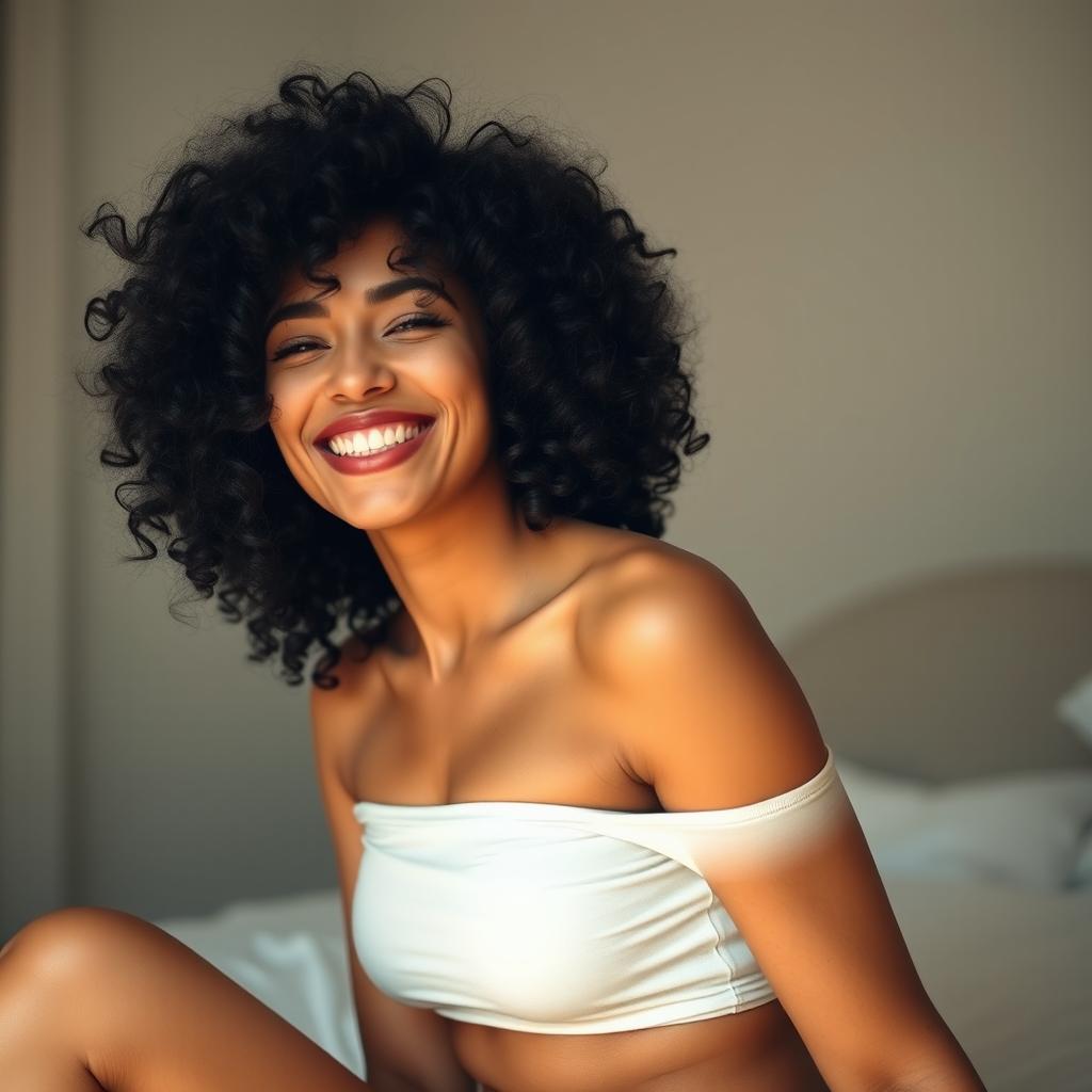 A slim woman with black curly hair, sitting in a softly lit room, showcasing an expression of pleasure and self-discovery