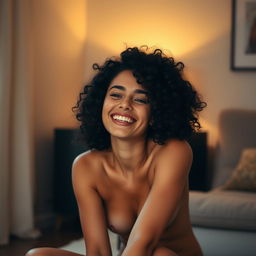 A slim woman with black curly hair, sitting in a softly lit room, showcasing an expression of pleasure and self-discovery