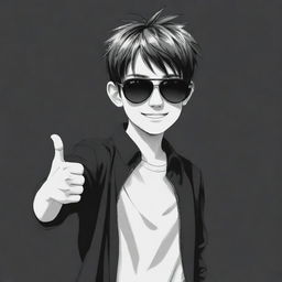 Anime style boy with sunglasses, giving a double thumbs up, set against a black and white background