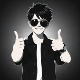 Anime style boy with sunglasses, giving a double thumbs up, set against a black and white background