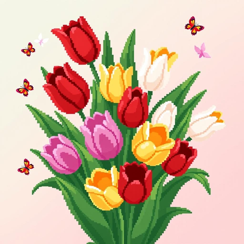 A vibrant and colorful pixel art representation of a bouquet of tulips, showcasing a variety of tulip colors such as red, yellow, pink, and white