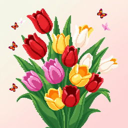 A vibrant and colorful pixel art representation of a bouquet of tulips, showcasing a variety of tulip colors such as red, yellow, pink, and white