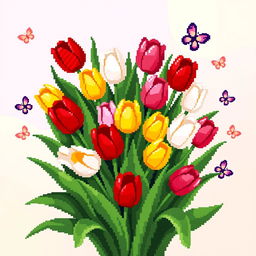 A vibrant and colorful pixel art representation of a bouquet of tulips, showcasing a variety of tulip colors such as red, yellow, pink, and white