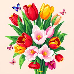 A vibrant and colorful pixel art representation of a bouquet of tulips, showcasing a variety of tulip colors such as red, yellow, pink, and white