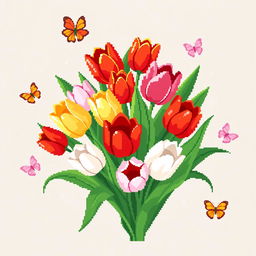 A vibrant and colorful pixel art representation of a bouquet of tulips, showcasing a variety of tulip colors such as red, yellow, pink, and white