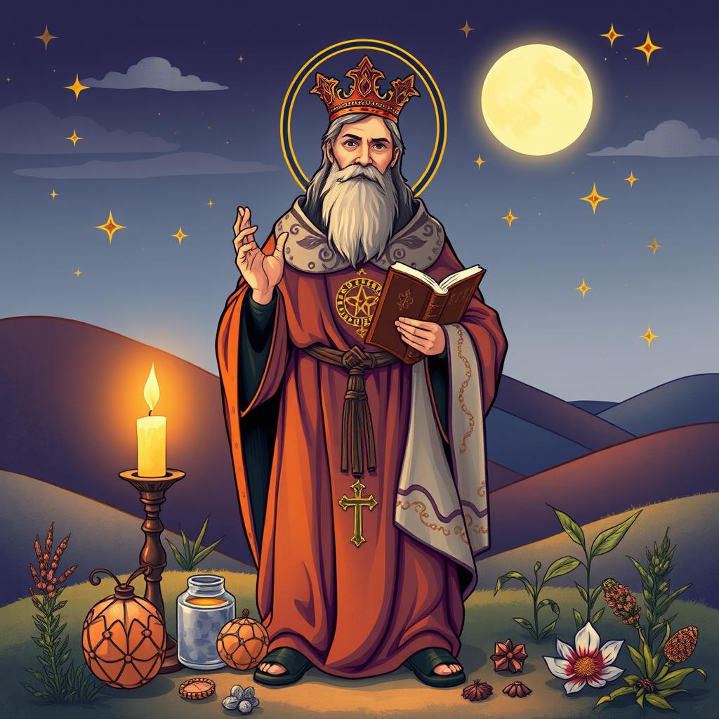 A mystical and enchanting illustration of São Cipriano, the renowned saint known for his magical powers