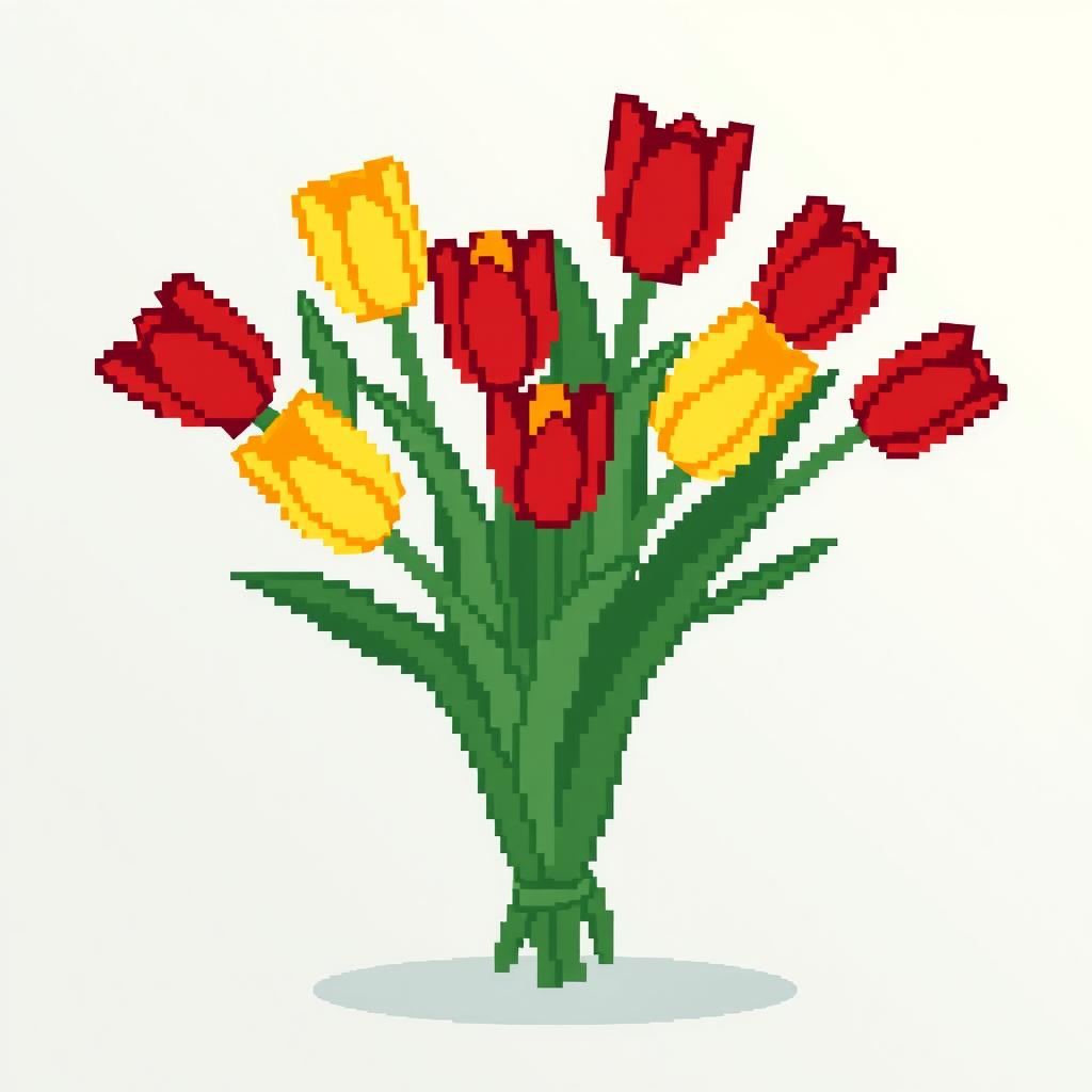 A simple, pixelated bouquet of tulips, featuring vibrant colors like red, yellow, and purple