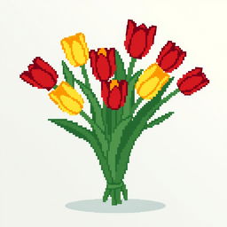 A simple, pixelated bouquet of tulips, featuring vibrant colors like red, yellow, and purple