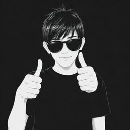 Anime style boy with sunglasses, giving a double thumbs up, set against a black and white background