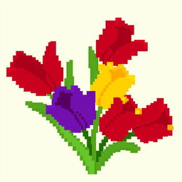 A simple, pixelated bouquet of tulips, featuring vibrant colors like red, yellow, and purple