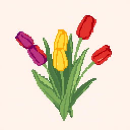 A simple, pixelated bouquet of tulips, featuring vibrant colors like red, yellow, and purple