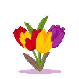 A simple, pixelated bouquet of tulips, featuring vibrant colors like red, yellow, and purple