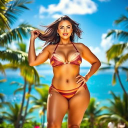 A confident woman with a voluptuous figure, showcasing a curvy silhouette, standing gracefully against a vibrant tropical backdrop