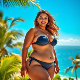 A confident woman with a voluptuous figure, showcasing a curvy silhouette, standing gracefully against a vibrant tropical backdrop