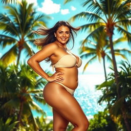 A confident woman with a voluptuous figure, showcasing a curvy silhouette, standing gracefully against a vibrant tropical backdrop