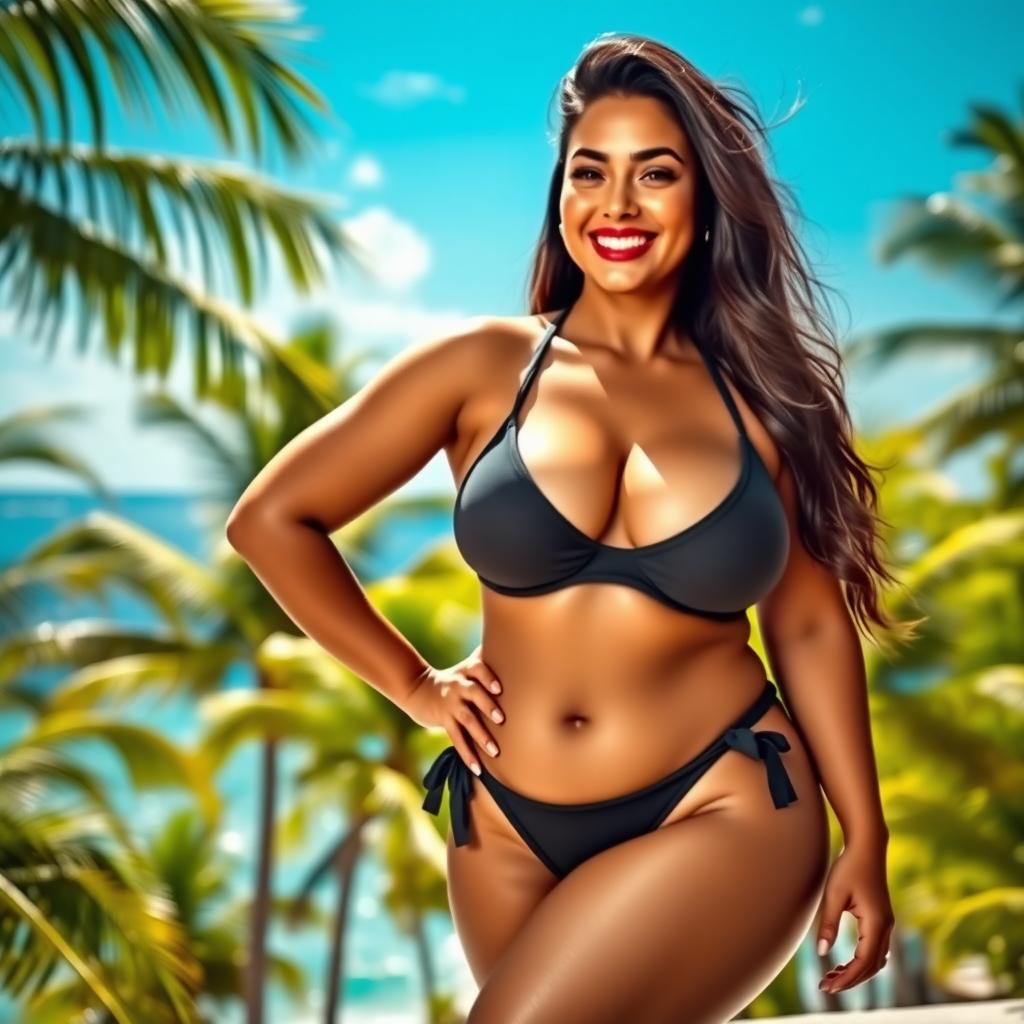 A confident woman with a voluptuous figure, showcasing a curvy silhouette, standing gracefully against a vibrant tropical backdrop