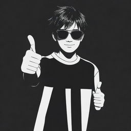 Anime style boy with sunglasses, giving a double thumbs up, set against a black and white background